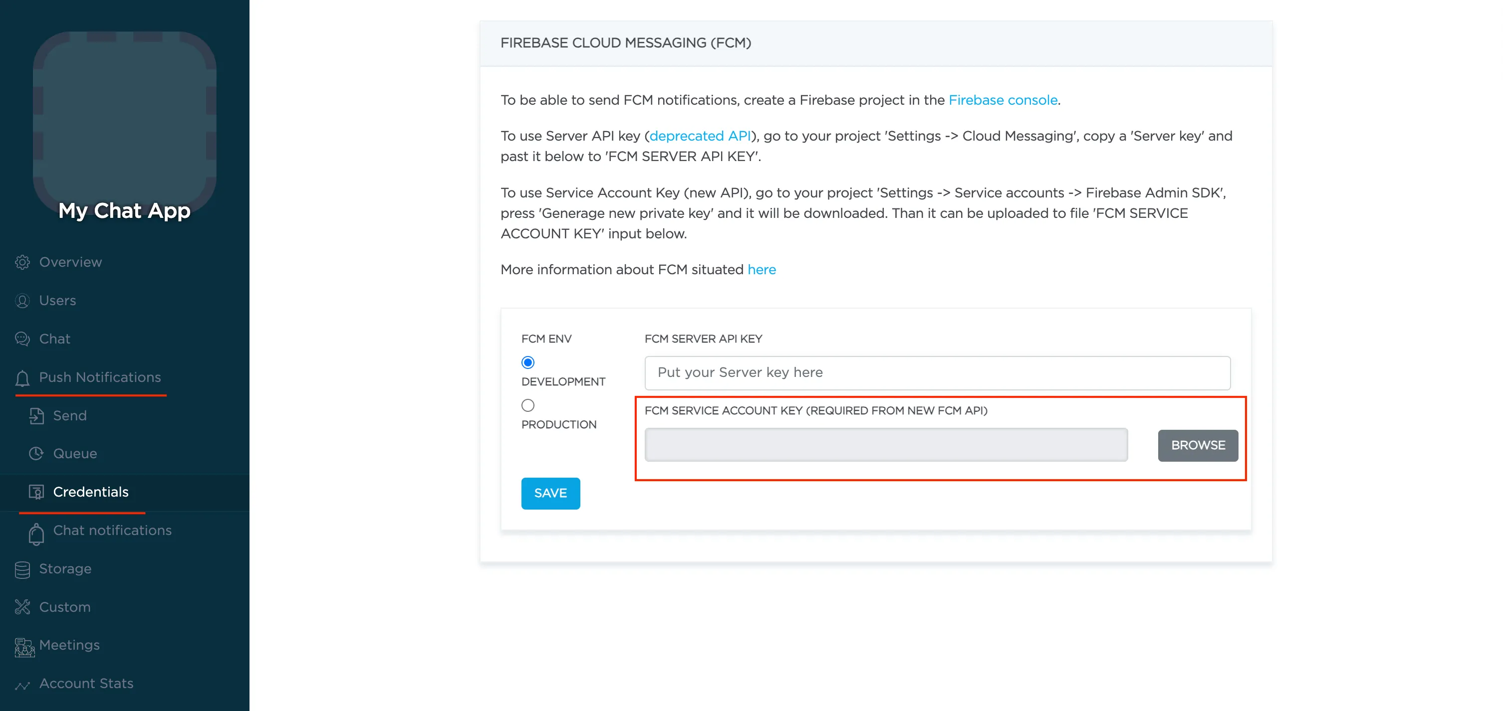 Add your FCM server key to your Dashboard