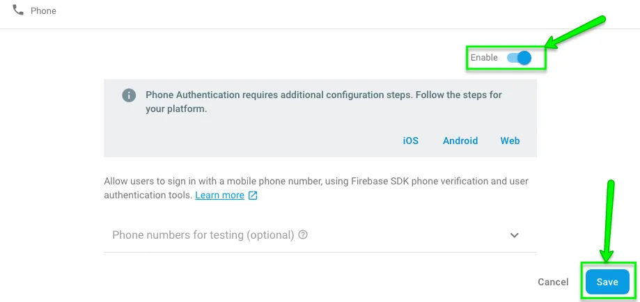 Enable phone authentication in Firebase