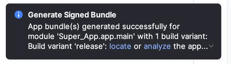 Popup of successful bundle generation