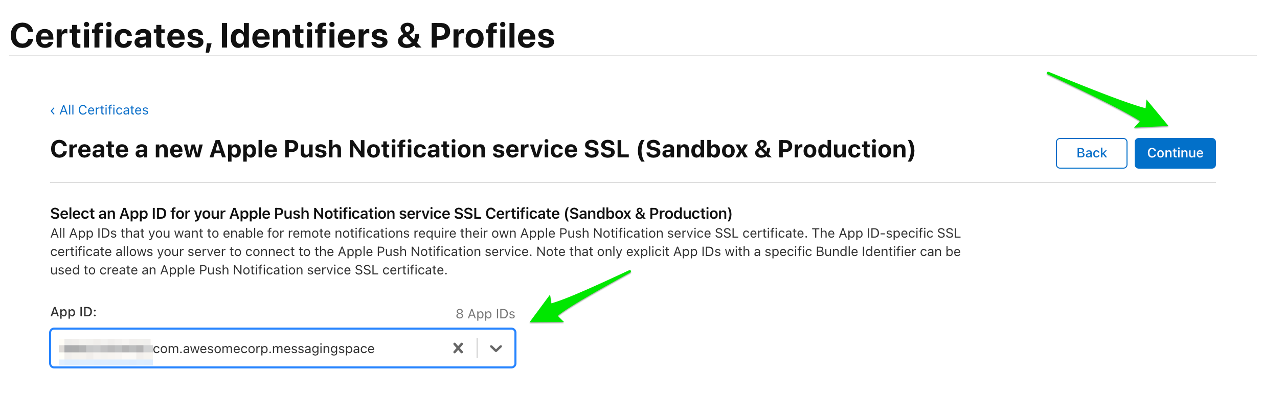 Choose App ID for new push certificate