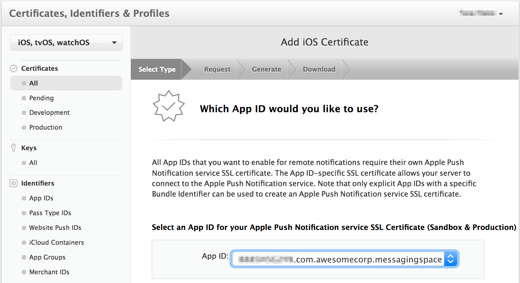 Choose App ID for new push certificate