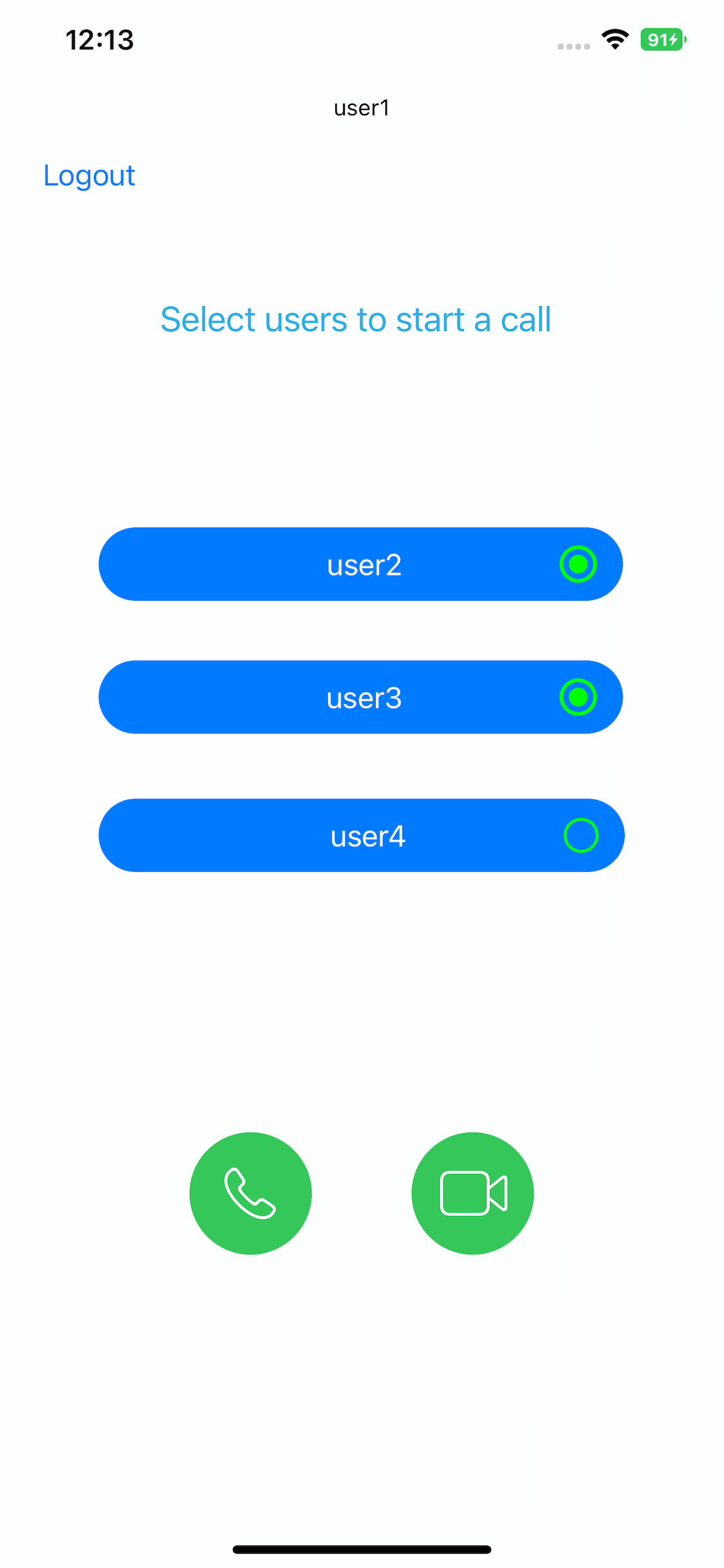 iOS video chat code sample, select users