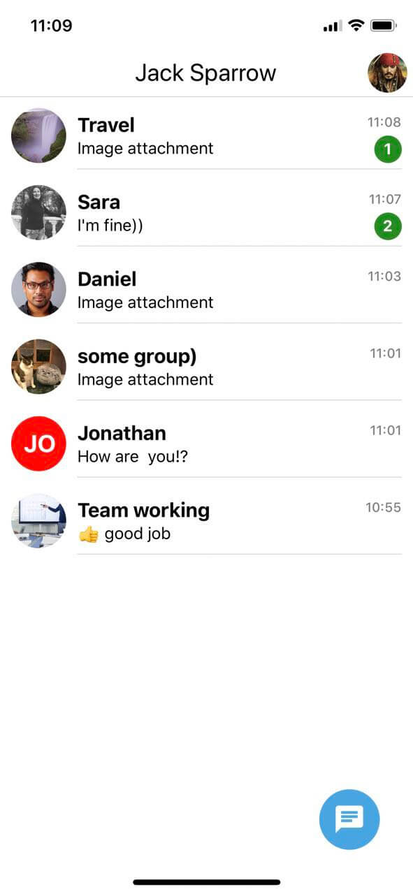 React Native chat code sample, list of chats